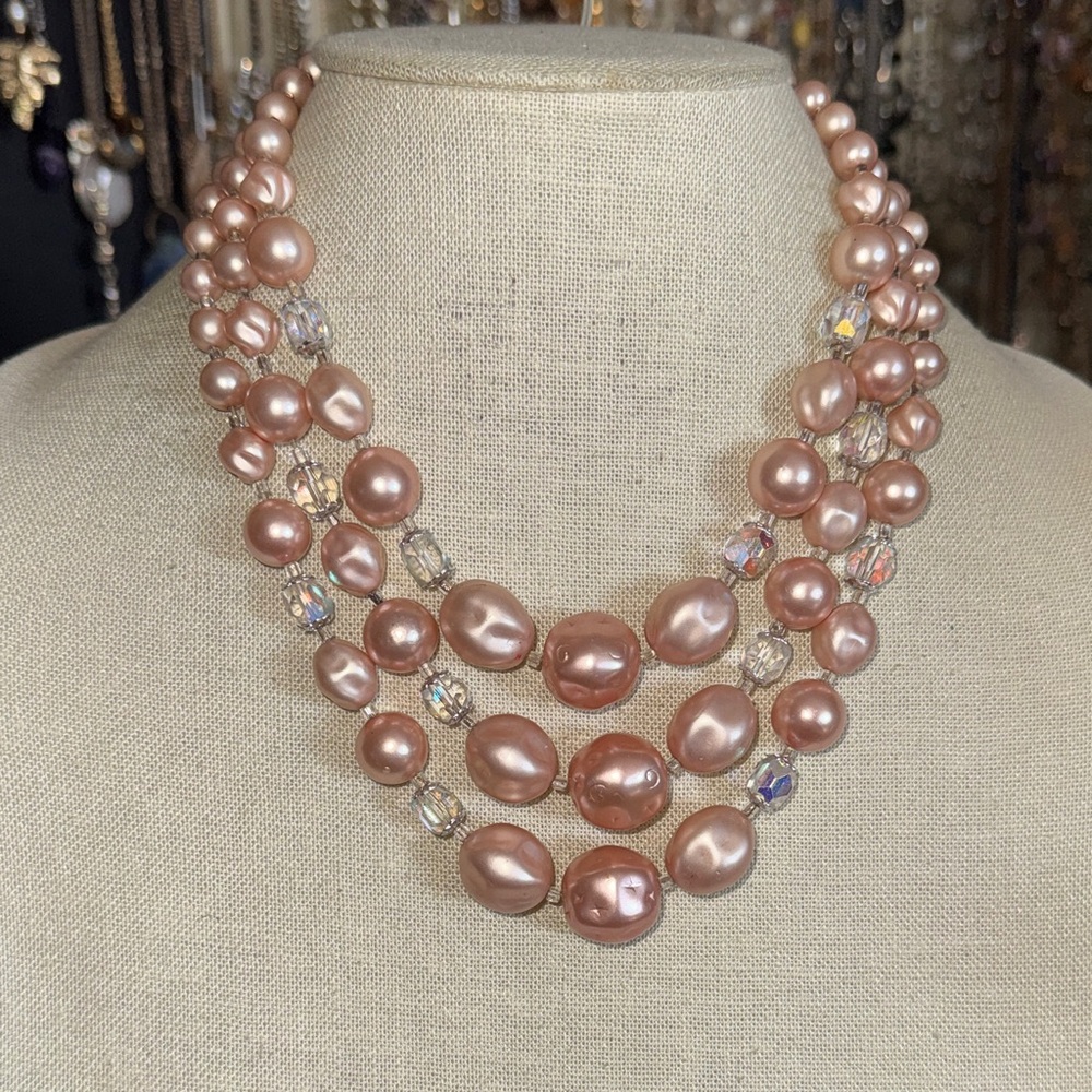 vintage Pink Faux Pearl Multi-Strand Necklace